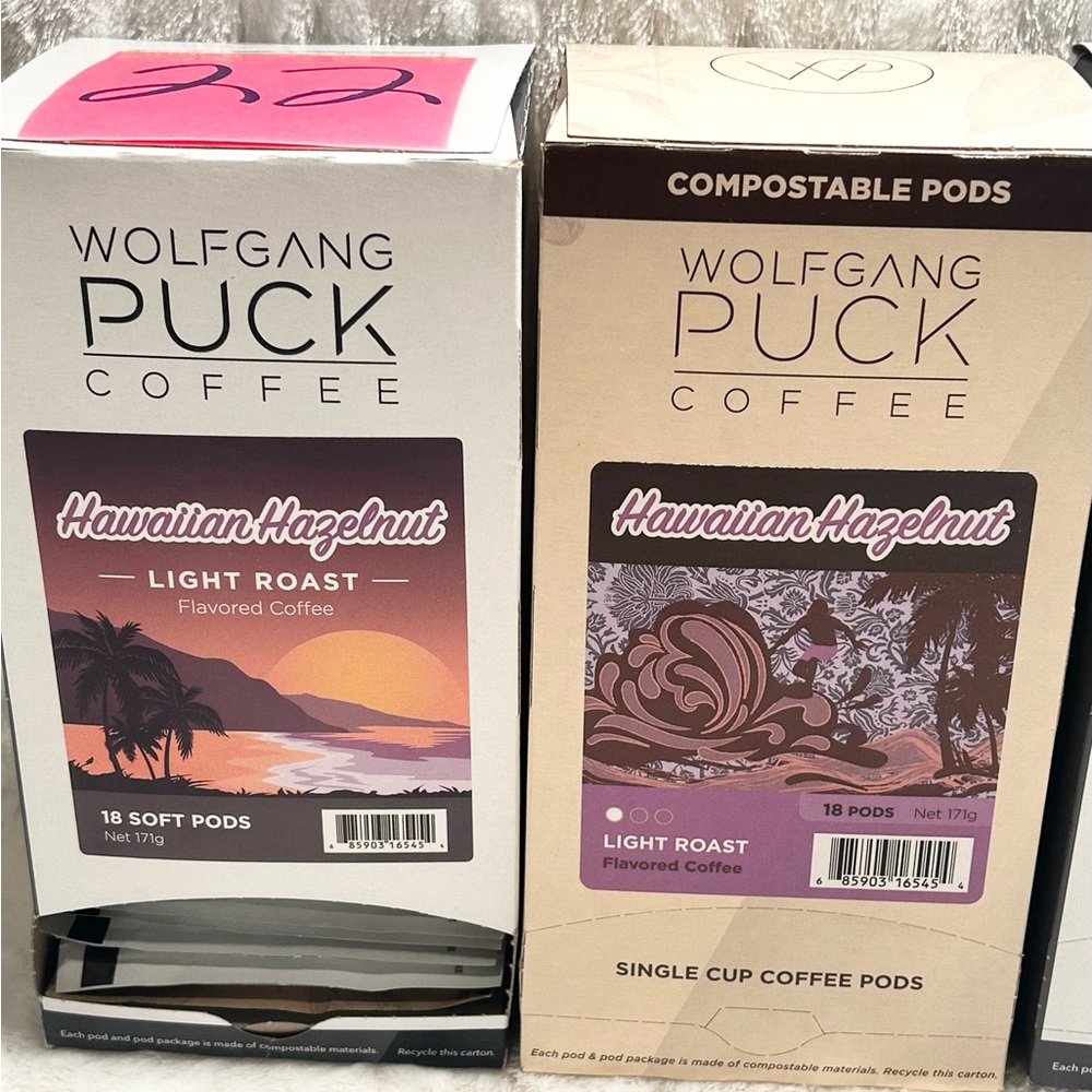 40 SOFT COMPOSTABLE PODS WOLFGANG PUCK COFFEE HAWAIIAN HAZELNUT OPEN BOX